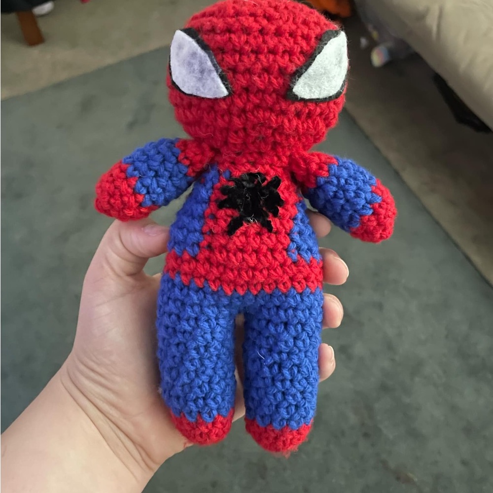 Handmade Red and Blue Crochet Superhero Toy